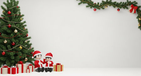 3d render of Santa Claus and children sitting near christmas treeの素材