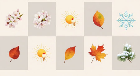 Vector set of four seasons icons. Spring, summer, autumn, winter.の素材