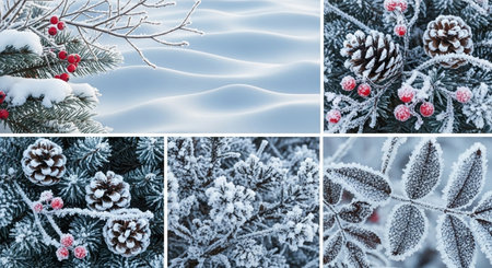 Set of winter backgrounds. Christmas tree branches covered with hoarfrostの素材