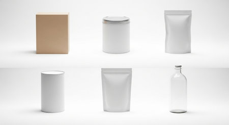 Mockup of blank white, brown and beige cosmetics containers on white backgroundの素材