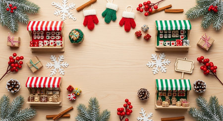 Christmas background. Christmas decorations on wooden background. Top view with copy space.の素材