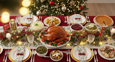 Christmas table with roasted turkey and other traditional dishes. New Year conceptの素材