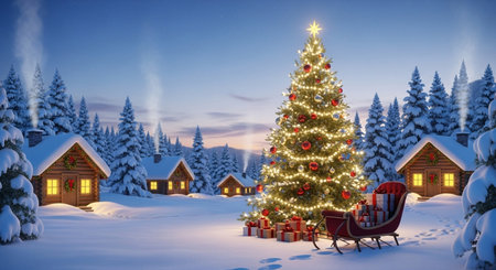 3d render of christmas tree with presents and sledge in winter forestの素材