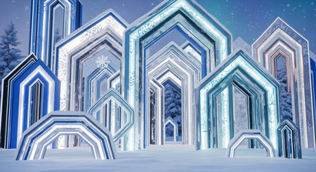 3d illustration of blue and white hexagonal houses in winter landscapeの素材