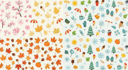 Seamless pattern with autumn leaves, trees, acorns, ice cream, snowflakes and other elements.の素材