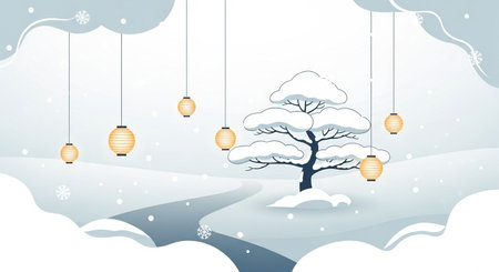 Winter landscape with tree, lanterns and snow. Vector illustration.の素材
