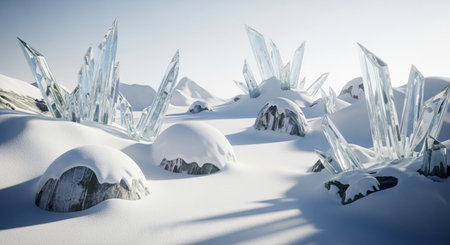 Frozen icicles in the mountains. Beautiful winter landscape. 3d renderingの素材