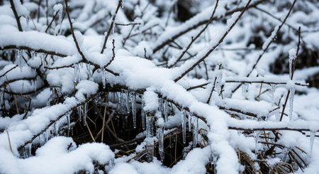 Icicles on the branches of a tree in the winter forestの素材