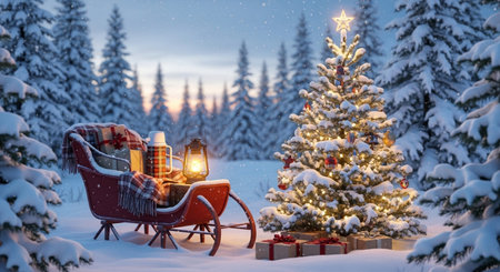 Christmas and New Year background. Christmas tree in the winter forest.の素材