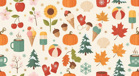 Seamless pattern with autumn elements. Vector illustration. Seasonal background.の素材
