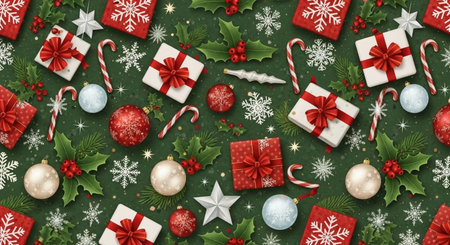 Christmas background with snowflakes, baubles and candy canesの素材