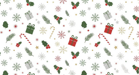 Christmas seamless pattern with snowflakes, fir branches, holly berries, gift boxes and candy cane. Vector illustration.の素材
