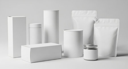 Blank white cosmetic bottles and containers on white background. 3d renderingの素材