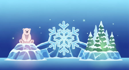 Winter landscape with polar bear and snowflakes. Vector illustration.の素材