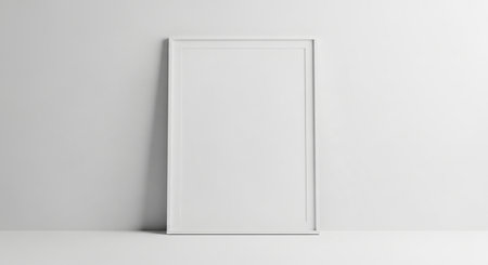 Blank white picture frame mockup on white wall. 3D renderingの素材