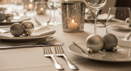 Elegant table setting for Christmas or New Year dinner. Selective focus.の素材