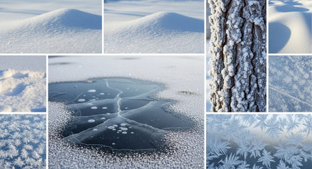 Collage of winter landscape with snow and ice. Frosty day.の素材