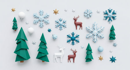 Christmas composition. Christmas tree, snowflakes, deer on white background. Flat lay, top view, copy spaceの素材