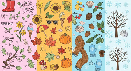 Seamless pattern with hand drawn autumn symbols. Vector illustration.の素材