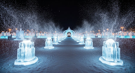 Frozen fountain in the city at night, 3D rendering.の素材