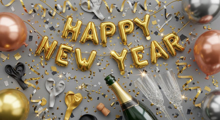 Happy New Year text with champagne, balloons and confetti on gray background. 3D Renderingの素材
