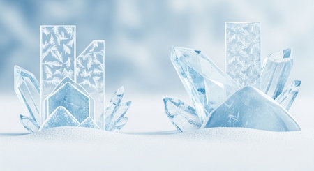 Ice crystal in the snow. Blue background. 3D illustration.の素材