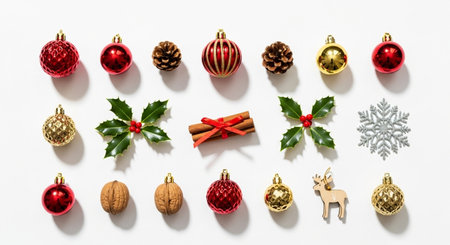 Christmas decoration on white background. Flat lay, top view, copy space.の素材
