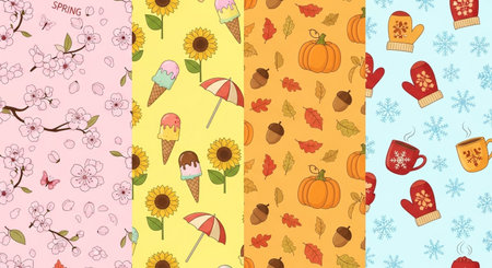 Seamless vector pattern with autumn leaves, berries, fruits, ice cream, sunflowers and mittensの素材