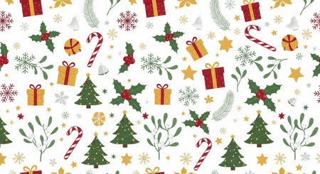 Seamless pattern with Christmas elements on white background. Vector illustration.の素材
