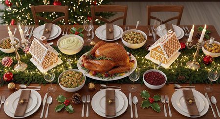 Christmas table with turkey and other food on it. Top view.の素材