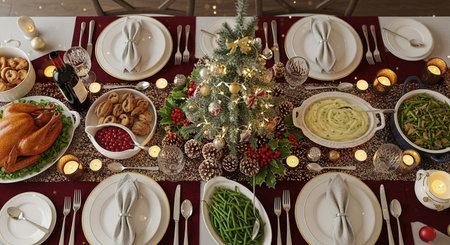Christmas table setting with christmas tree and cutlery, top viewの素材