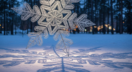 Beautiful snowflake on the background of the night winter forest.の素材