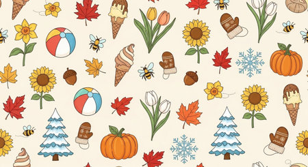 Seamless pattern with hand drawn autumn elements. Vector illustration.の素材