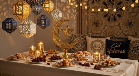 decorated table with oriental sweets and candies in Ramadan Kareemの素材