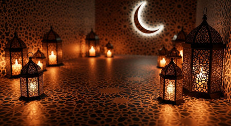 Ramadan Kareem greeting card. Arabic lanterns and crescent moonの素材