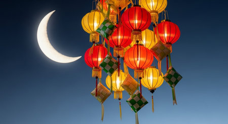 Lanterns and crescent moon in the night sky.の素材