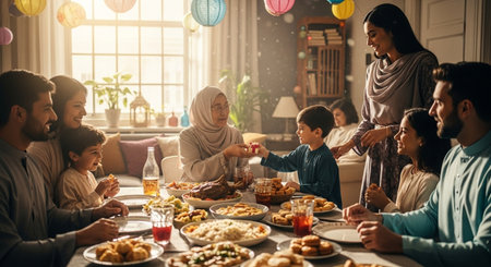 Muslim family celebrating Eid al-Fitr at home. Muslim family having dinner together.の素材