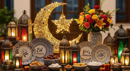 Ramadan Kareem greeting card. Ramadan lanterns, sweets and dates in the foreground.の素材