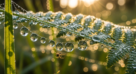 Morning dew on the grass with dew drops in the morning.の素材