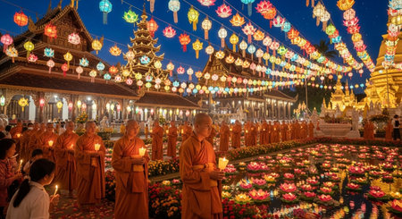 Unidentified Buddhist monks pray in front of Wat Phra That Doi Suthep temple in Chiang Mai, Thailand.の素材