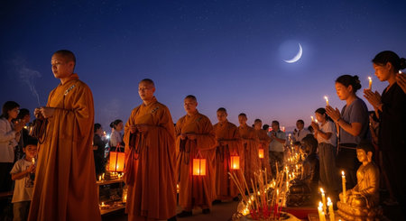 Unidentified Buddhists are worshiping and lighting candles in the Buddhist ordination ceremony in Nakhon Ratchasima, Thailand.の素材