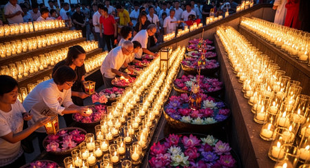 Unidentified people lighting candles in a religious ceremony at Wat Arun temple in Chiang Mai, Thailand.の素材