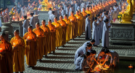 Unidentified Buddhist monks lighting candles in the temple.の素材
