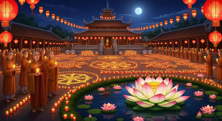 Chinese temple with lotus and buddhist monks in the nightの素材