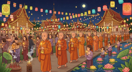 Buddhist monk in the temple at night, vector illustration.の素材
