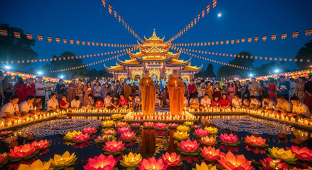 Unidentified Buddhist people worshiping candle light during the Loy Krathong festival.の素材