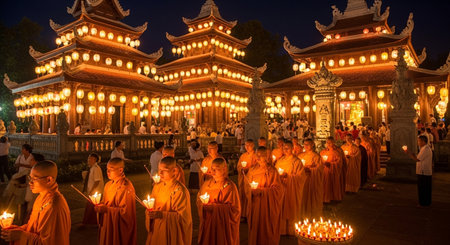 Unidentified Buddhist monks lighting candles in the temple.の素材