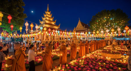 Unidentified people pray and worship with candle light at Wat Phra That Doi Suthep temple in Chiang Mai, Thailand.の素材