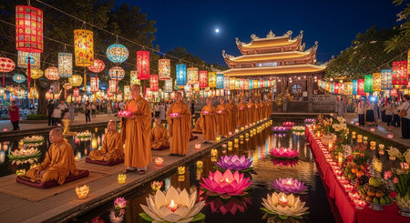 Unidentified buddhist monks pray at Loy Krathong festival in Chiang Mai, Thailand.の素材