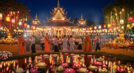 Unidentified Thai people pray and light candle during Loy Krathong festival in Chiang Mai, Thailand.の素材